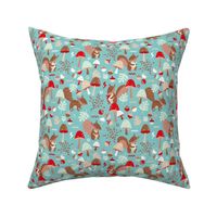 Retro squirrels fall garden toadstools and oak leaves berries kids colorful red tan brown on blue