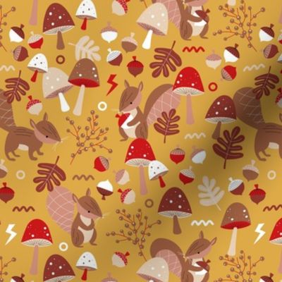 Retro squirrels fall garden toadstools and oak leaves berries kids seventies ochre yellow red brown seventies palette 