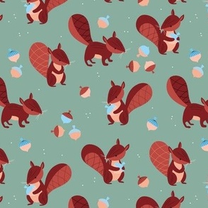 Squirrels and acorns autumn woodland animals for kids retro style  red brown blue on sage green