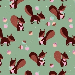 Squirrels and acorns autumn woodland animals for kids retro style matcha green pink brown girls
