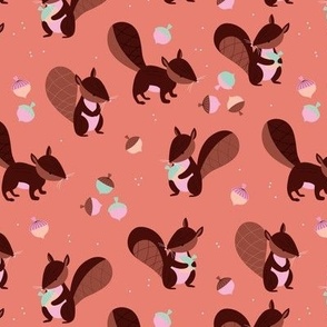 Squirrels and acorns autumn woodland animals for kids retro style coral pink mint colorful palette