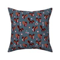 Squirrels and acorns autumn woodland animals for kids retro style blue pink on moody night