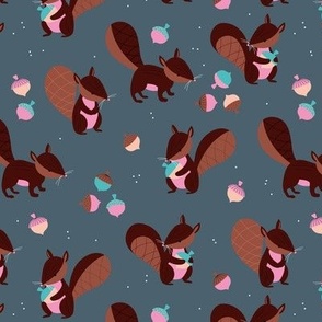 Squirrels and acorns autumn woodland animals for kids retro style blue pink on moody night