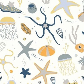 Sea animals ligh gray, blue and yellow - small scale