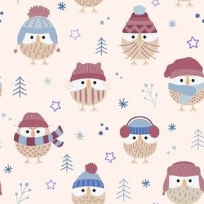 Cute red and blue owls with wool hats in winter