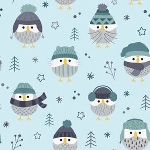 Cute blue owls with wool hats in winter