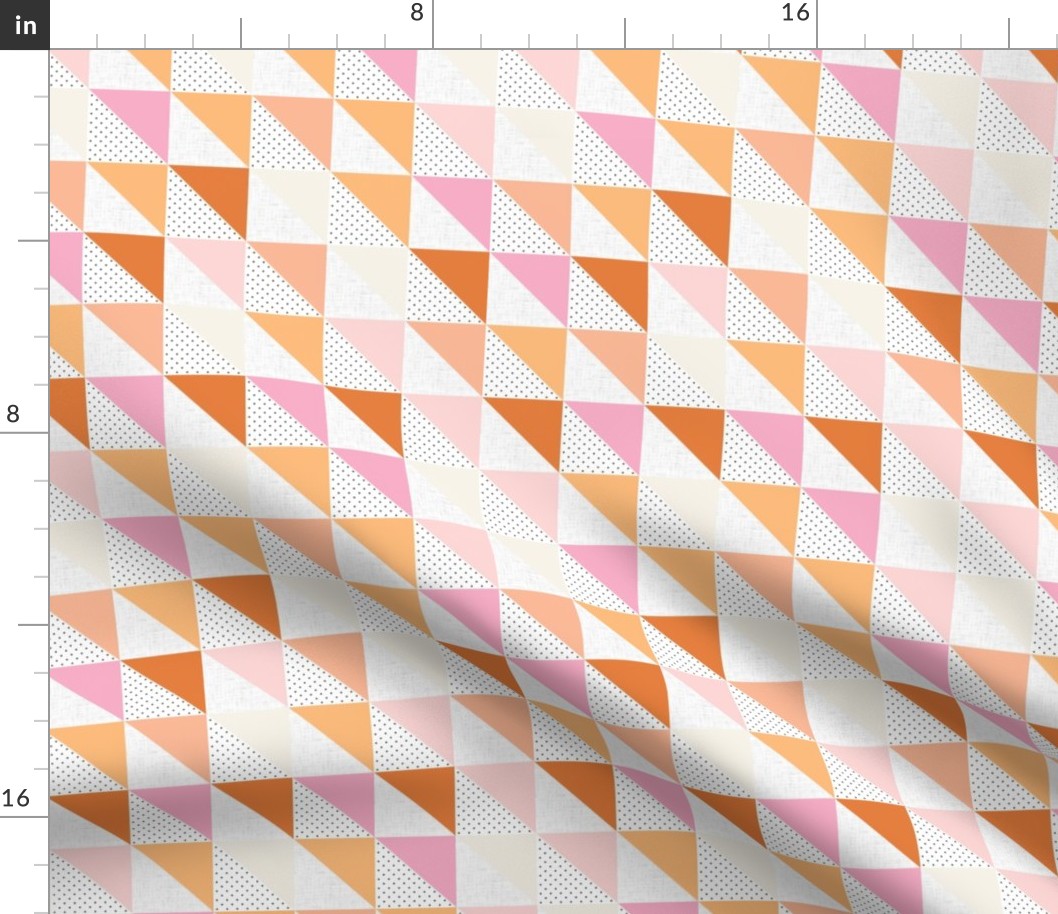 half square triangles: sunburst, beach umbrella, pink sparkle, tangy, buff, pink razz