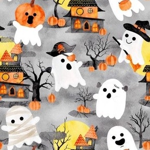 Cute Ghosts Haunted Houses Halloween Watercolor Small