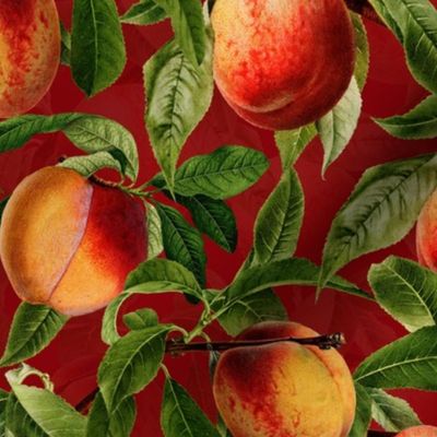 14" Nostalgic Yellow Peach Kitchen Wallpaper, Vintage Peaches Fabric,   Fall Home Decor, Fruit Harvest,dark red double layer