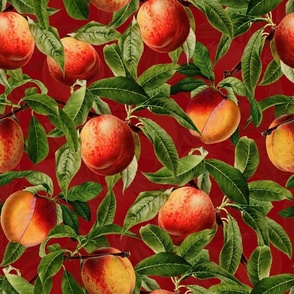 14" Nostalgic Yellow Peach Kitchen Wallpaper, Vintage Peaches Fabric,   Fall Home Decor, Fruit Harvest,dark red double layer