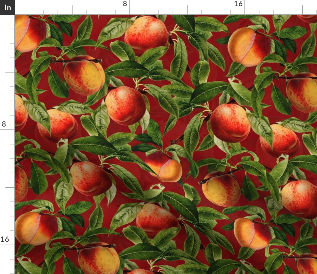 14" Nostalgic Yellow Peach Kitchen Wallpaper, Vintage Peaches Fabric,   Fall Home Decor, Fruit Harvest,dark red double layer