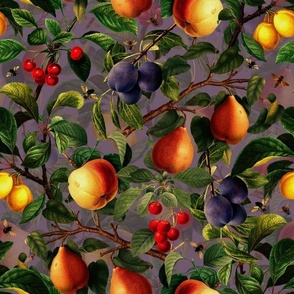 12" Nostalgic Yellow Peach Kitchen Wallpaper,  Vintage Plums Fabric, Vintage Fruits, Nostalgic Pears, Antique Cherries, Fall Home Decor, Fruit Harvest,purple double layer 
