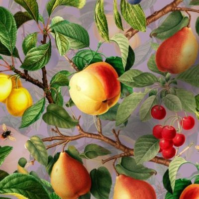 12" Nostalgic Yellow Peach Kitchen Wallpaper,  Vintage Plums Fabric, Vintage Fruits, Nostalgic Pears, Antique Cherries, Fall Home Decor, Fruit Harvest, light purple double layer 