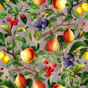 12" Nostalgic Yellow Peach Kitchen Wallpaper,  Vintage Plums Fabric, Vintage Fruits, Nostalgic Pears, Antique Cherries, Fall Home Decor, Fruit Harvest, light purple double layer 