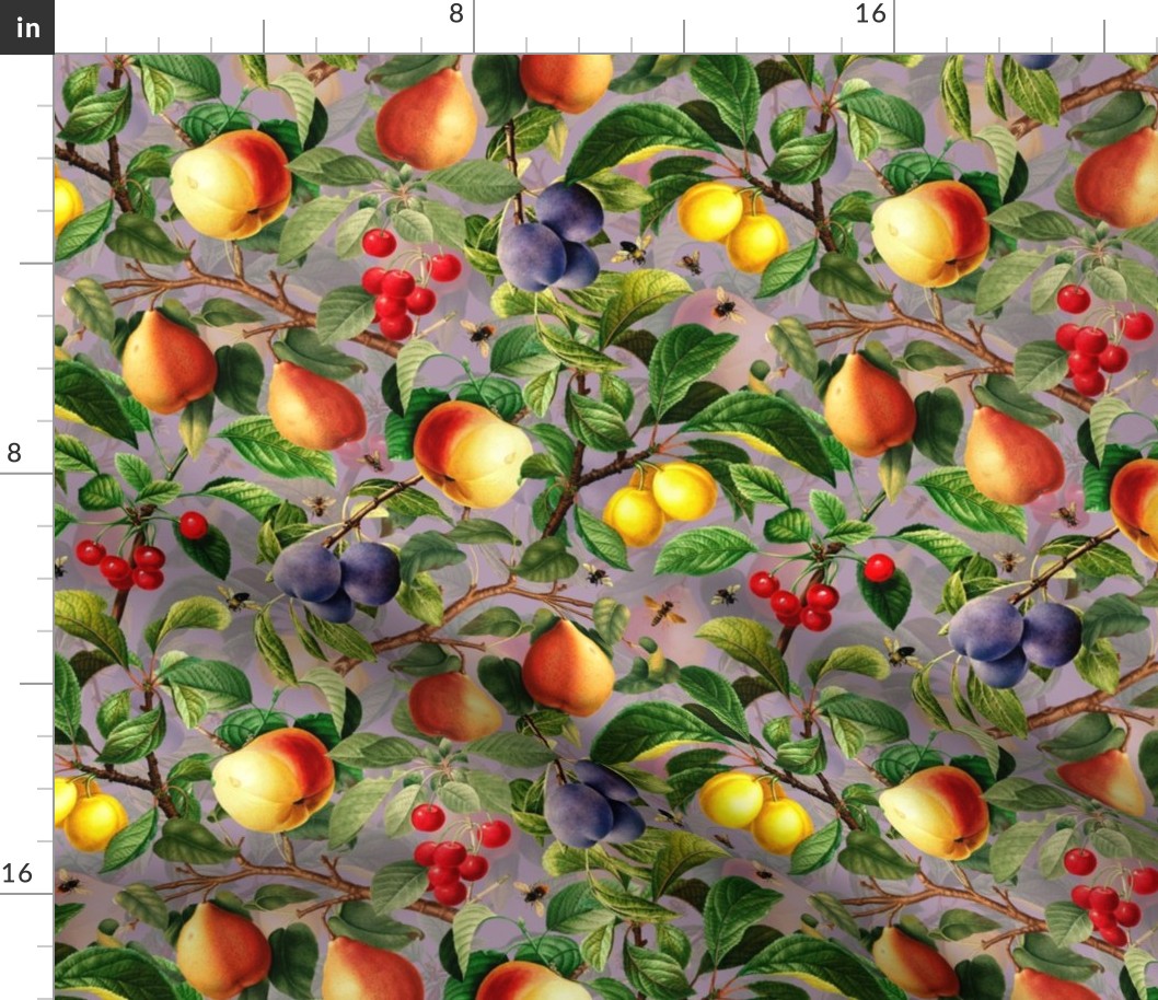 12" Nostalgic Yellow Peach Kitchen Wallpaper,  Vintage Plums Fabric, Vintage Fruits, Nostalgic Pears, Antique Cherries, Fall Home Decor, Fruit Harvest, light purple double layer 