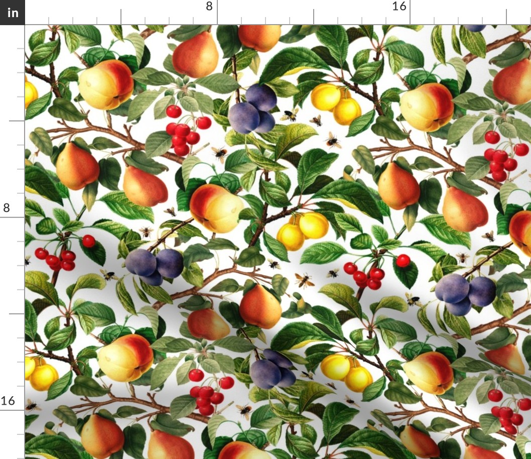 12" Nostalgic Yellow Peach Kitchen Wallpaper,  Vintage Plums Fabric, Vintage Fruits, Nostalgic Pears, Antique Cherries, Fall Home Decor, Fruit Harvest,white