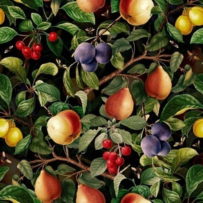 12" Nostalgic Yellow Peach Kitchen Wallpaper,  Vintage Dark Moody Floral  Plums Fabric, Vintage Fruits, Nostalgic Pears, Antique Cherries, Fall Home Decor, Fruit Harvest,black double layer 