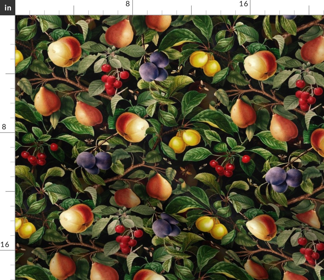 12" Nostalgic Yellow Peach Kitchen Wallpaper,  Vintage Dark Moody Floral  Plums Fabric, Vintage Fruits, Nostalgic Pears, Antique Cherries, Fall Home Decor, Fruit Harvest,black double layer 