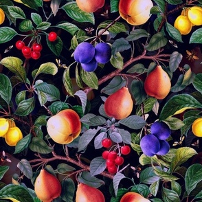 12" Nostalgic Yellow Peach Kitchen Wallpaper,  Vintage Plums Fabric, Vintage Fruits, Nostalgic Pears, Antique Cherries, Fall Home Decor, Fruit Harvest,black double layer - moonshine