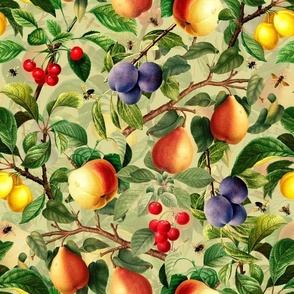 12" Nostalgic Yellow Peach Kitchen Wallpaper,  Vintage Plums Fabric, Vintage Fruits, Nostalgic Pears, Antique Cherries, Fall Home Decor, Fruit Harvest,green double layer 