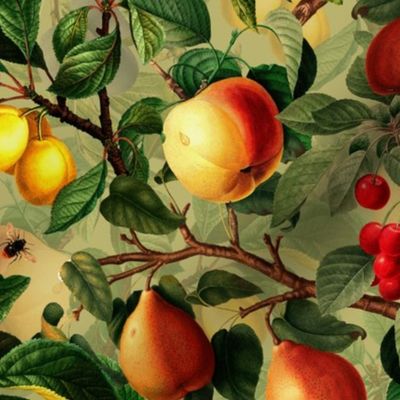 12" Nostalgic Yellow Peach Kitchen Wallpaper,  Vintage Plums Fabric, Vintage Fruits, Nostalgic Pears, Antique Cherries, Fall Home Decor, Fruit Harvest, darker green double layer 
