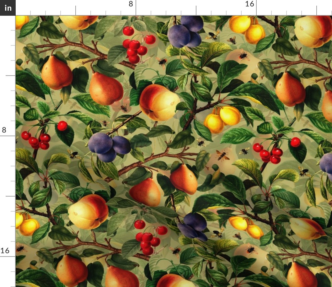 12" Nostalgic Yellow Peach Kitchen Wallpaper,  Vintage Plums Fabric, Vintage Fruits, Nostalgic Pears, Antique Cherries, Fall Home Decor, Fruit Harvest, darker green double layer 