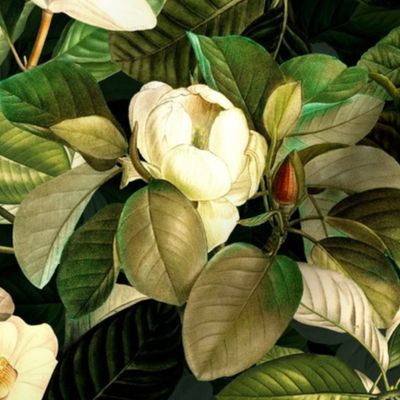 18" Lush Antique Magnolia Flowers - Vintage Magnolias home decor, Nostalgic  wallpaper,Magnolia Fabric - Flowers Fabric -  Magnolia Wallpaper black- double layer