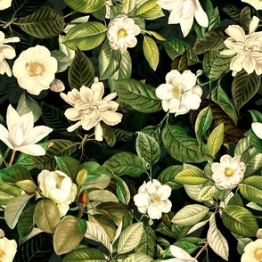 18" Lush Antique Magnolia Flowers - Vintage Magnolias home decor, Nostalgic  wallpaper,Magnolia Fabric - Flowers Fabric -  Magnolia Wallpaper black- double layer