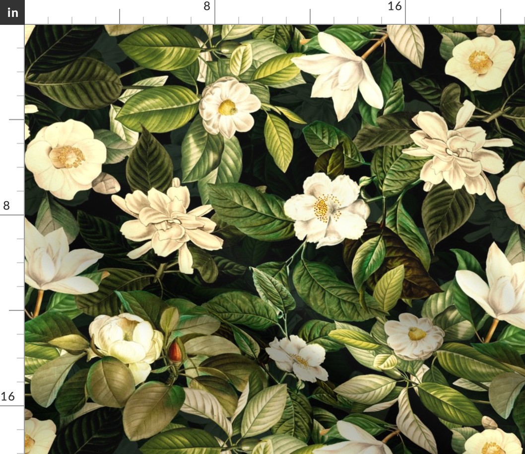 18" Lush Antique Magnolia Flowers - Vintage Magnolias home decor, Nostalgic  wallpaper,Magnolia Fabric - Flowers Fabric -  Magnolia Wallpaper black- double layer