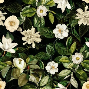 18" Lush Antique Magnolia Flowers - Vintage Magnolias home decor, Nostalgic  wallpaper,Magnolia Fabric - Flowers Fabric -  Magnolia Wallpaper black