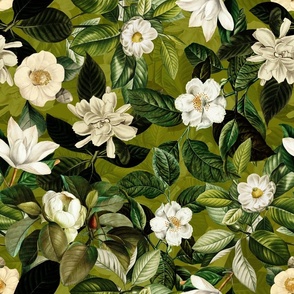 18" Lush Antique Magnolia Flowers - Vintage Magnolias home decor, Nostalgic  wallpaper,Magnolia Fabric - Flowers Fabric -  Magnolia Wallpaper green- double layer