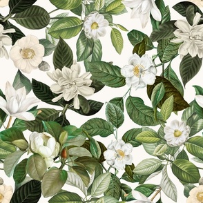 18" Lush Antique Magnolia Flowers - Vintage Magnolias home decor, Nostalgic  wallpaper,Magnolia Fabric - Flowers Fabric -  Magnolia Wallpaper off white