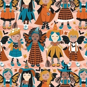 Small scale // Witches dance // flesh background orange yellow and teal halloween fantasy costumes