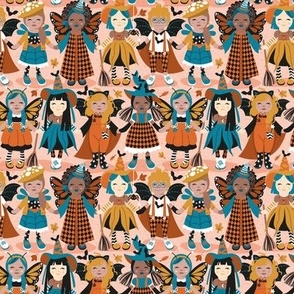 Tiny scale // Witches dance // flesh background orange yellow and teal halloween fantasy costumes
