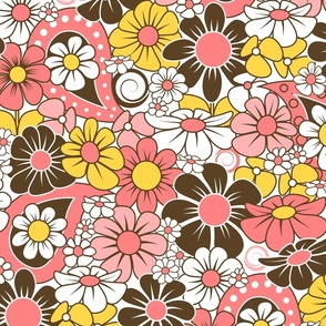 70s Funky Flower Field // Coral Pink, Blush Pink, Yellow, Dark Brown and White