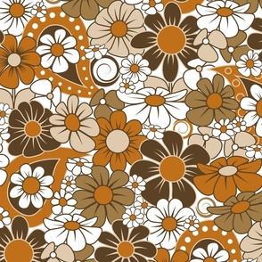 70s Funky Flower Field // Neutral Colors // Khaki Brown, Rust/Terra Cotta Clay, Dark Brown, White