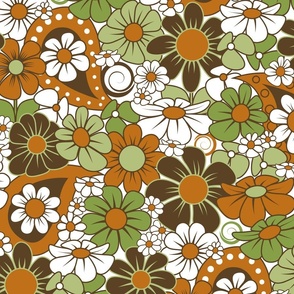 70s Funky Flower Field // Dark Brown, Rust/Terra Cotta Clay, White