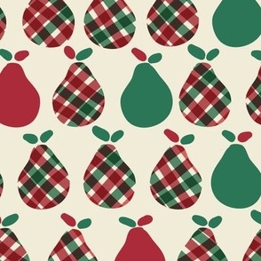 Christmas Green and Red Plaid and Solid Pears in Horizontal Rows  on Ivory Ground