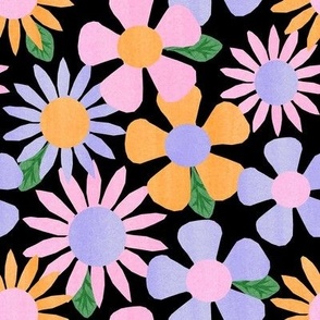 Retro Fun - Groovy Flowers, for peace and love, pink, orange, lavender flowers, green leaves on black background