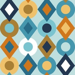 Modern Geometric Diamond and Circle Pattern // Navy, Blue, Turquoise, Yellow, Clay/Terra Cotta, Brown // Sky Blue Background