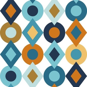 Modern Geometric Diamond and Circle Pattern // Navy, Blue, Turquoise, Yellow, Clay/Terra Cotta, Brown // White Background