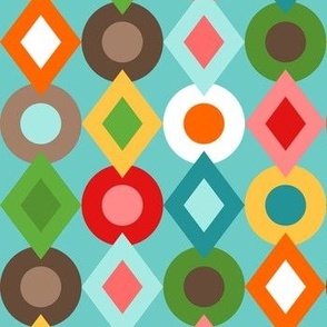 Modern Geometric Diamond and Circle Pattern // Turquoise, Sky Blue, Dark Brown, Taupe, Coral, Red, Orange, Yellow, Green, White