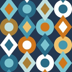 Modern Geometric Diamond and Circle Pattern // Navy, Blue, Turquoise, Yellow, Clay/Terra Cotta, Brown // Navy Blue Background