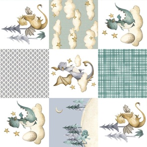Soft Dragon Quilt Layout with Green Plaid for Spoonflower