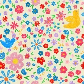 Scattered flowers and birds on pale yellow