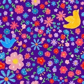 Scattered flowers and birds on navy