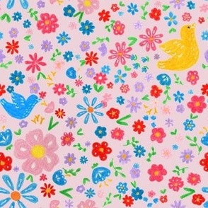 Scattered flowers and birds soft pink