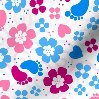 Large Scale Gender Reveal Floral Girl Boy Baby Footprints Pink and Blue Hearts and Flowers 