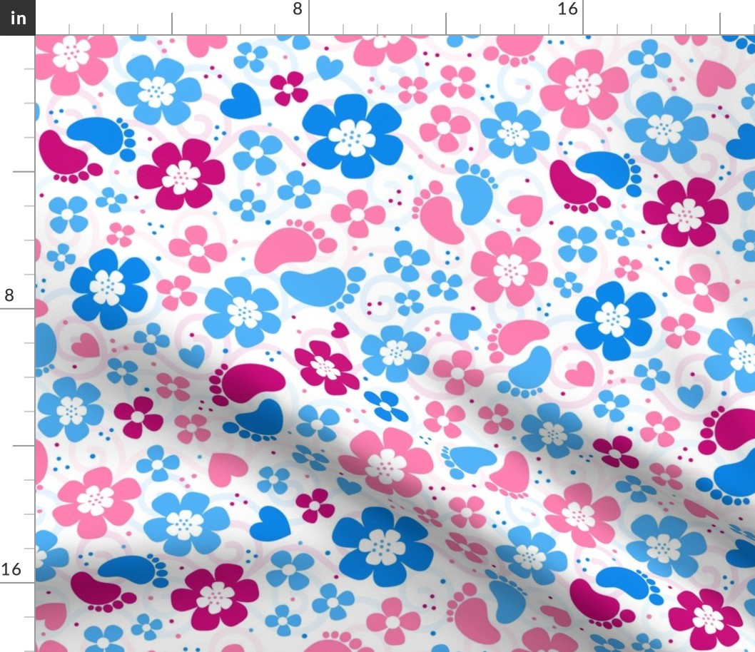 Large Scale Gender Reveal Floral Girl Boy Baby Footprints Pink and Blue Hearts and Flowers 