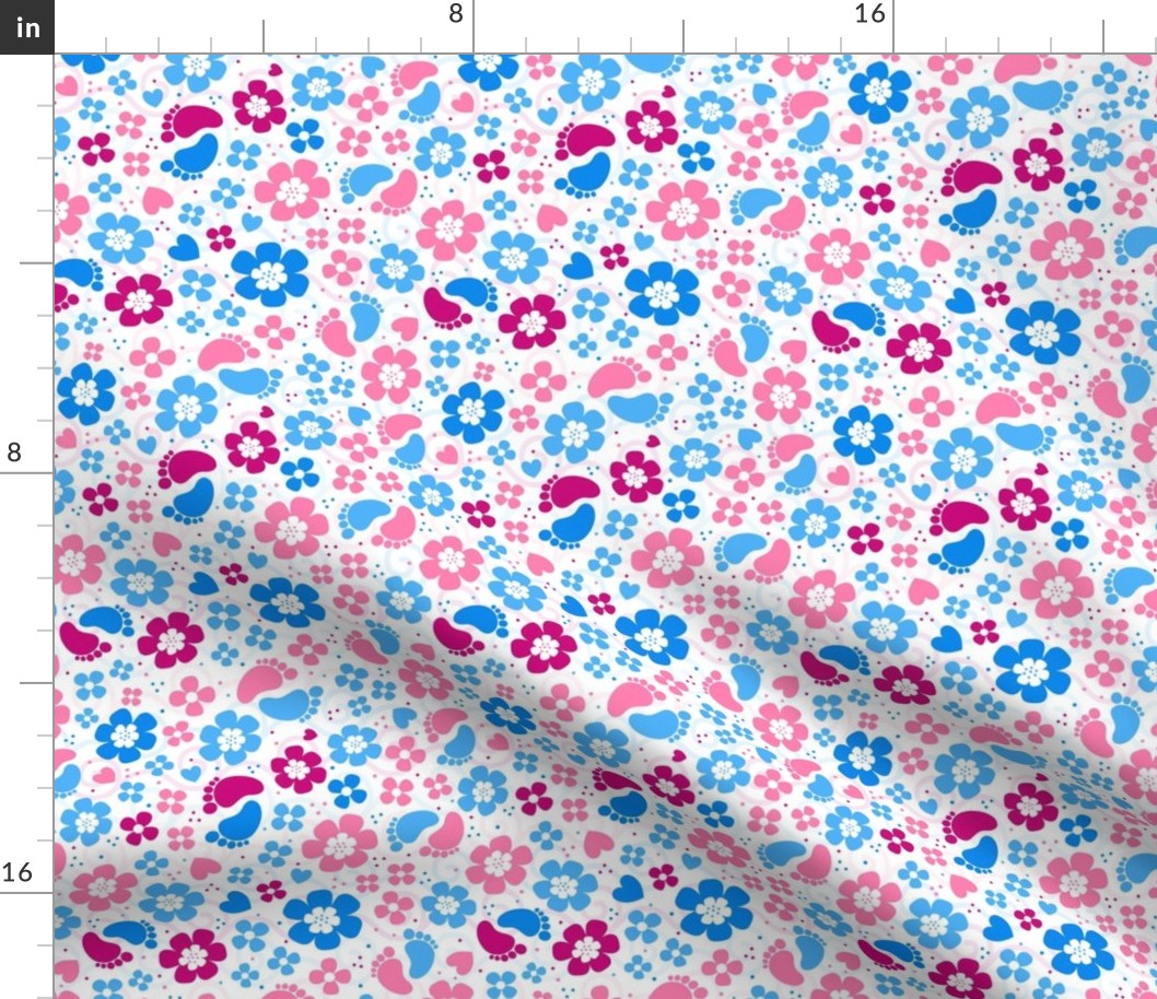 Medium Scale Gender Reveal Floral Girl Boy Baby Footprints Pink and Blue Hearts and Flowers
